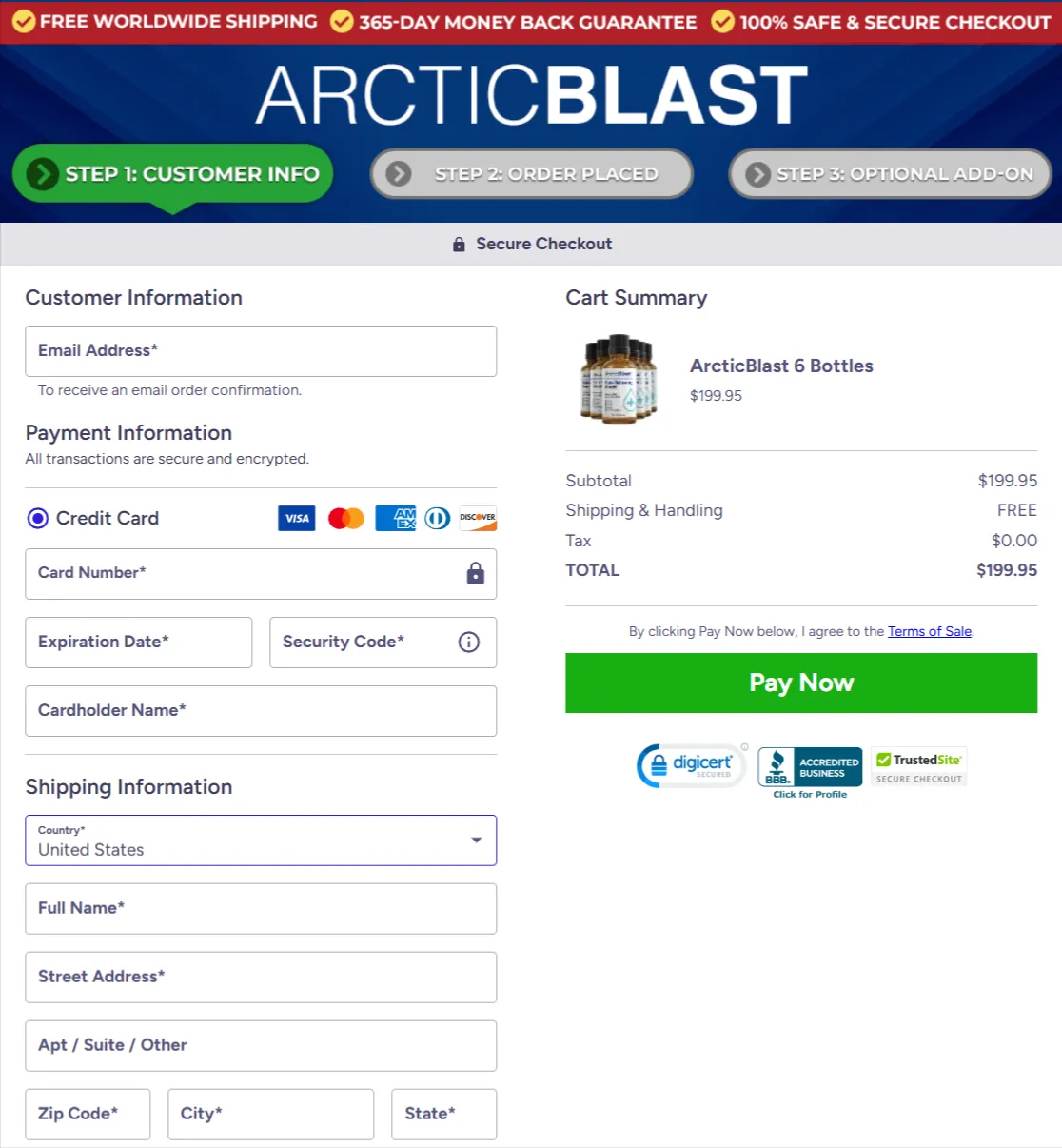 Arctic Blast checkout page